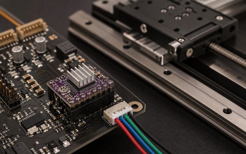 DRV8825 class stepper driver module on a motion-control PCB with board-edge motor wiring and a linear stage