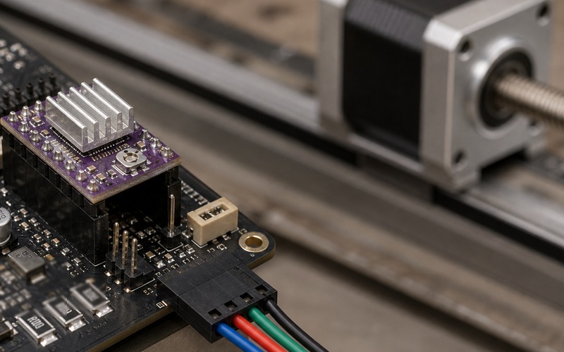 Close detail of a plug-in stepper driver module showing heatsink, current-limit trim point, phase wiring and motion-stage actuator context