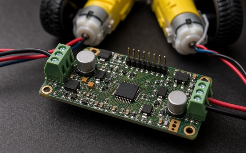 Dual DC motor driver PCB for a small wheeled robot with board-edge motor connectors and short high-current copper paths
