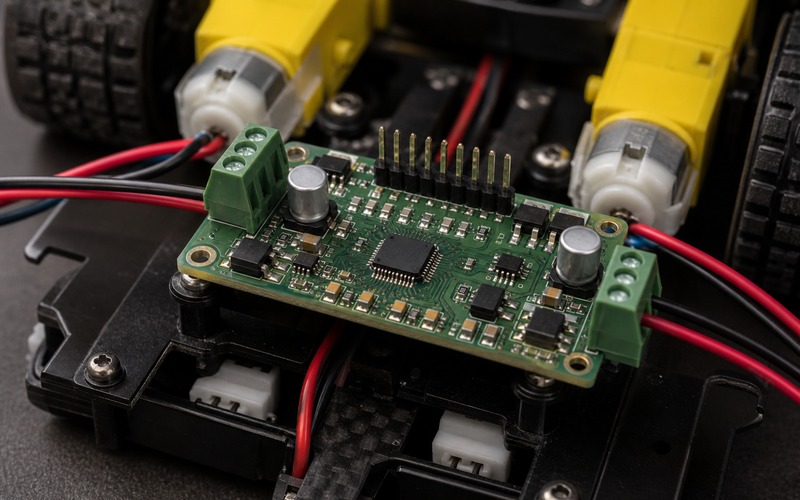 Close detail of DC motor output connectors and H-bridge driver layout on a compact robot control PCB
