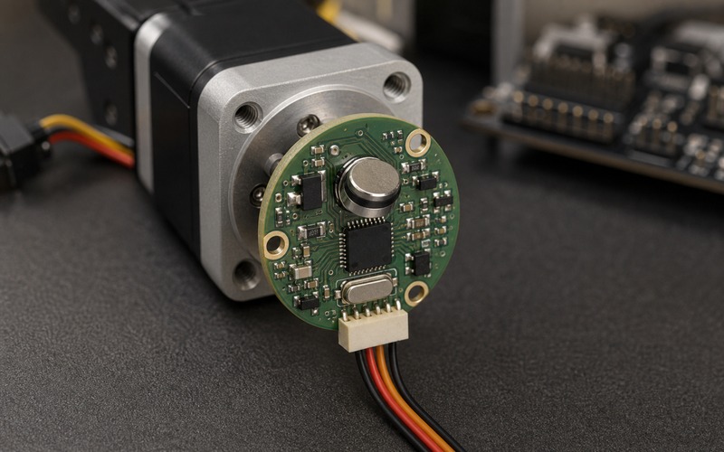 Magnetic angle feedback PCB mounted at the end of a servo motor with a shaft magnet aligned above the sensor area