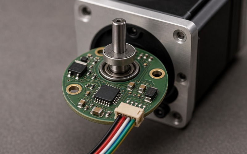 Close detail of a round encoder PCB showing shaft magnet alignment, sensor placement and outward signal connector routing