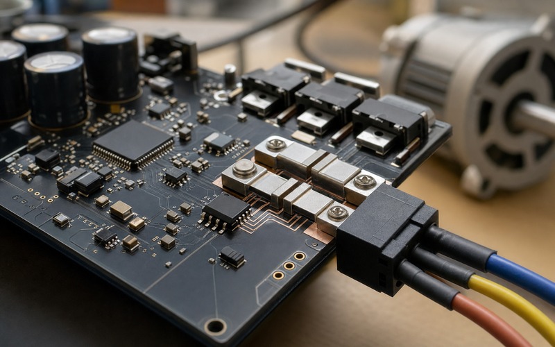 Motor-control PCB with phase shunts, current-sense amplifier, power stage and outward motor phase wiring