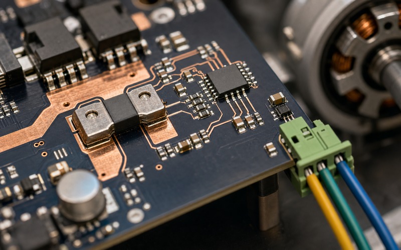 Close detail of a shunt resistor and current-sense amplifier layout with Kelvin sense traces on a motor-control PCB