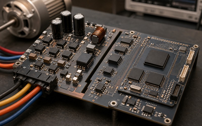 Motor-drive power section separated from an AI control board by an isolation boundary and outward motor wiring
