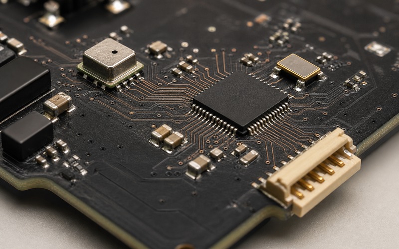 Close audio PCB layout showing MEMS microphone package, PDM-to-I2S bridge IC, clock component, decoupling capacitors and outward digital audio connector