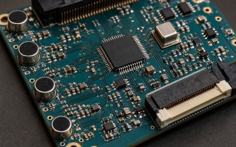 Close multi microphone codec layout showing input filter networks, mic bias parts, codec IC, clock component, decoupling and outward FFC connector