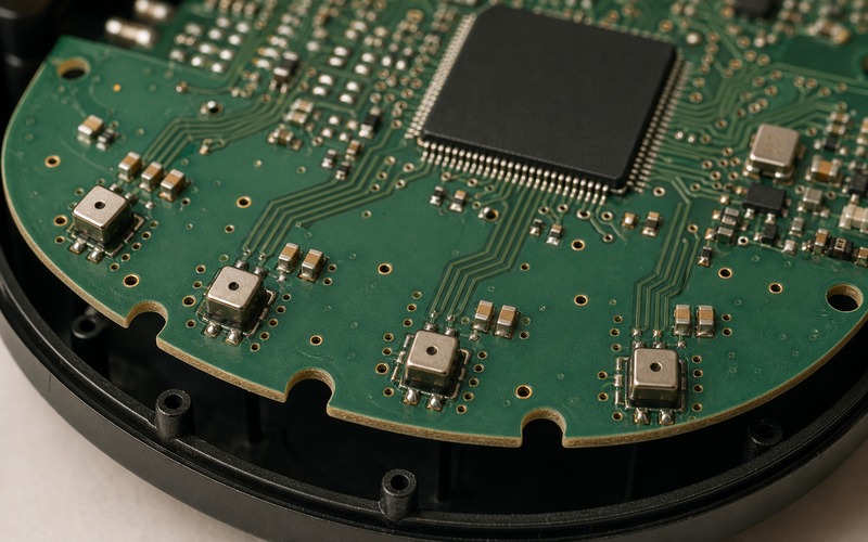 Close microphone array layout showing MEMS microphone ports along a curved PCB edge, ground stitching vias, matched traces and enclosure clearance