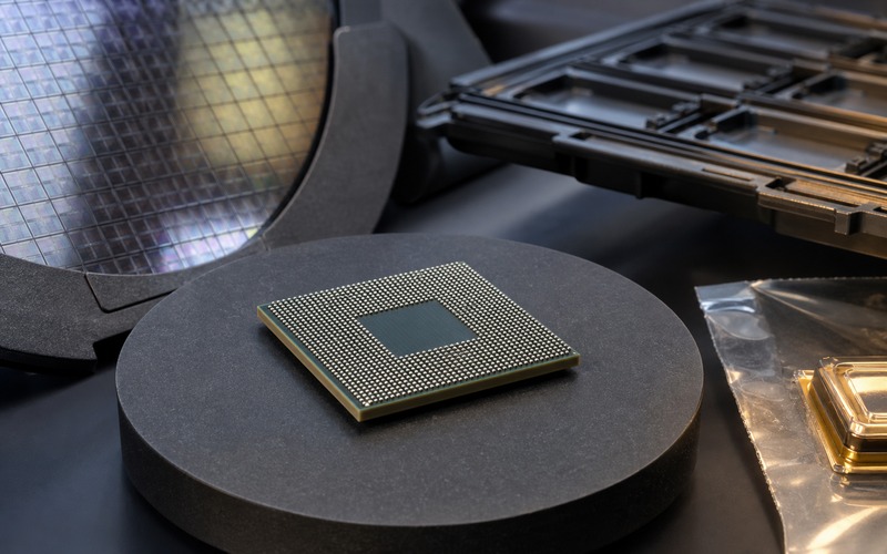 Unbranded BGA AI processor on a semiconductor inspection pedestal with a silicon wafer, empty JEDEC tray pockets and retained sample packaging