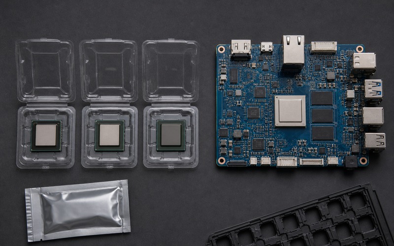 Edge AI reference board beside three archived processor samples in separate antistatic clamshells and a sealed moisture barrier pouch