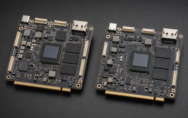 Two unbranded edge AI boards with matching BGA processor footprints and visibly different power and memory support circuits
