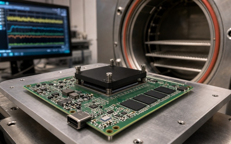 Edge AI board on an environmental test fixture with a spring-clamped thermal head contacting the BGA processor and memory devices exposed for validation