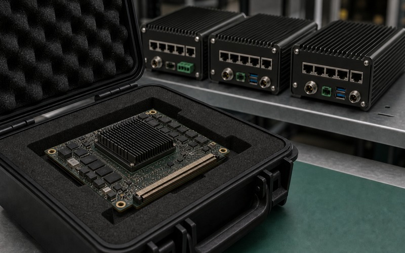 One replacement edge AI compute module protected in a fitted ESD service case beside three installed fanless industrial controller chassis