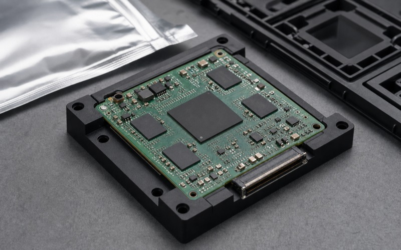One unmarked BGA AI processor assembled on an edge AI prototype board in a test cradle with memory, power circuitry and an outward-facing board-edge connector