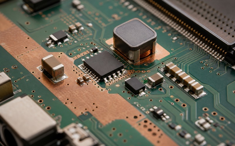 Board-level DC-DC power stage with inductors, capacitors, and dense copper routing