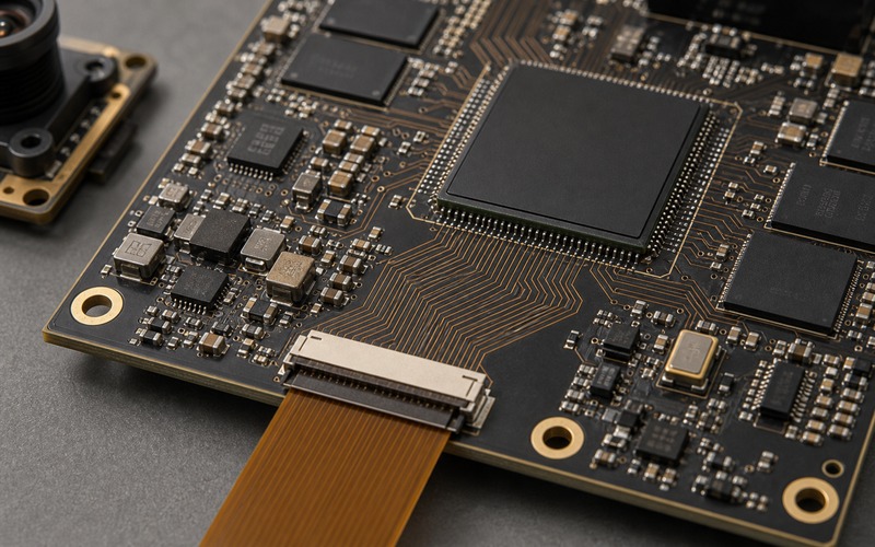 Dense high-speed electronics board with connectors and controlled signal routing