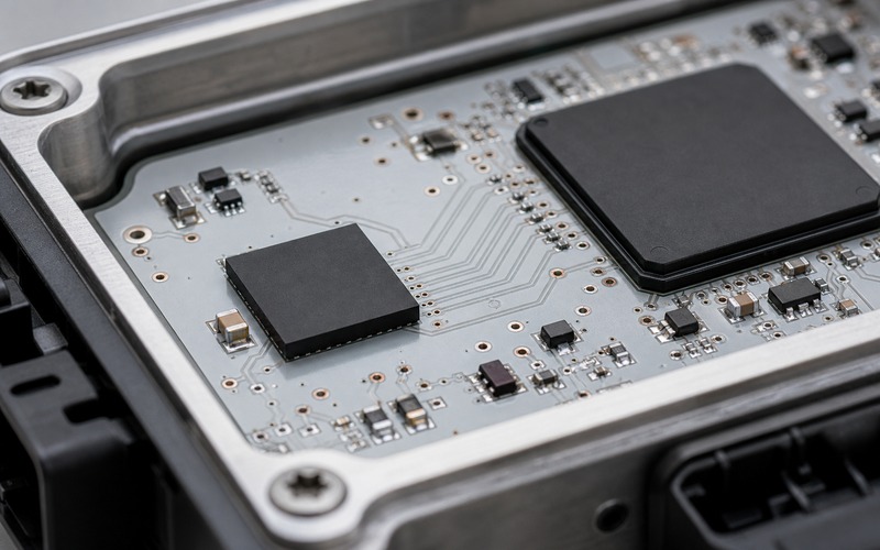 Pale automotive control PCB in an aluminum ECU with one unmarked 8x6mm WSON QSPI flash beside a BGA processor and short multi-I/O routes