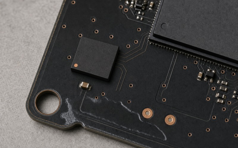 Matte black automotive PCB with one leadless 8-contact WSON flash, hidden lands, compact QSPI routing, local capacitor and production test pads