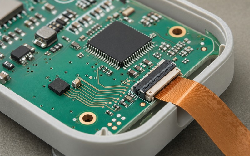 Teal low-power embedded PCB in a gray enclosure with one tiny leadless QSPI flash, a larger microcontroller, local 1.8V power parts and an outward flex connector