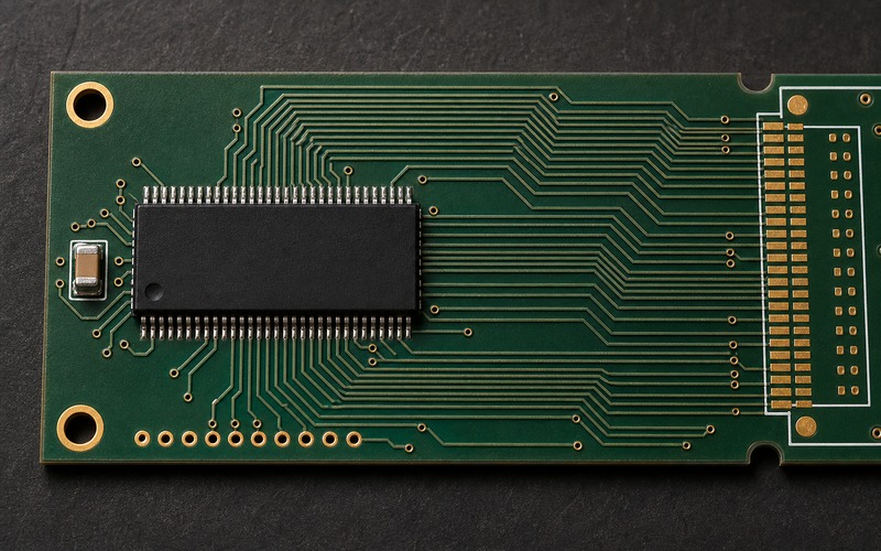 Forest-green routing coupon with one 48-pin TSOP parallel NOR flash, grouped address and x16 data traces, local decoupling and board-edge test pads