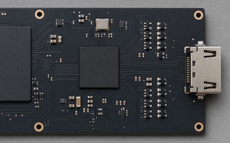 Top-down black PCB showing a host area, one central QFN64 video bridge and one HDMI Type-A receptacle mounted at the right board edge with paired high-speed routing