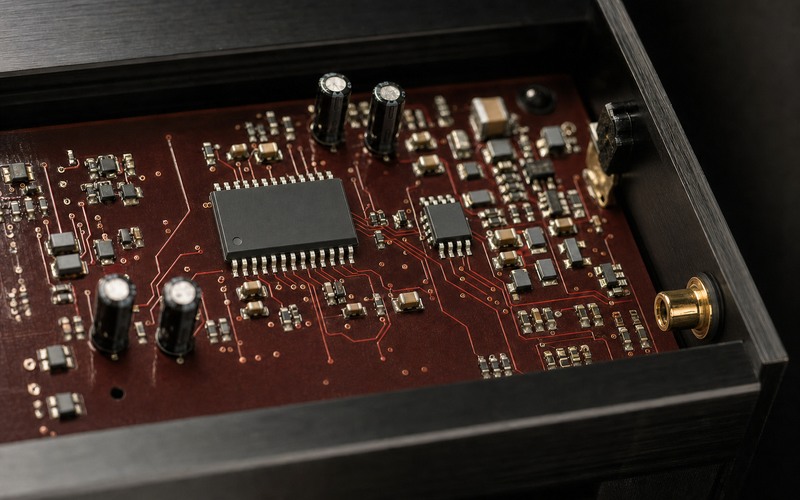 Burgundy mono audio DAC board with one 20-pin SOIC converter, separate I/V op amp and a single outward-facing gold output connector in a black chassis