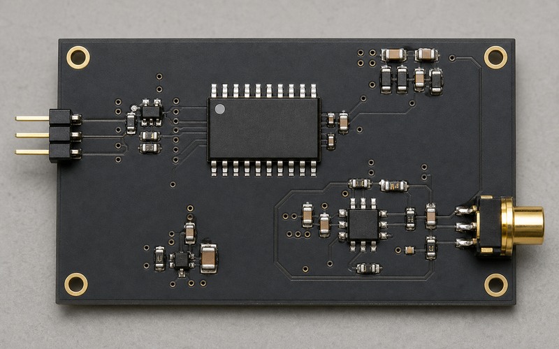 Top-down charcoal PCB with one 20-pin SOIC audio DAC, serial input header, separated supply bypass groups, precision I/V op amp and board-edge output