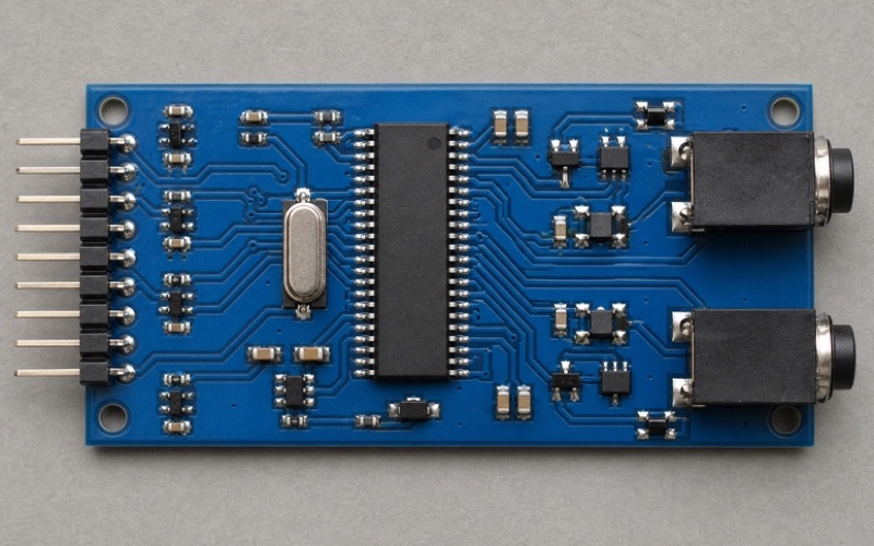 Top-down blue audio decoder board with an SOIC-28 device, left-edge SPI header, clock crystal and two analog outputs at the right edge